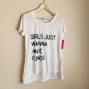 NWT Xhilaration L White Girls Just Wanna Have Funds Short Sleeve Top Workout Gym